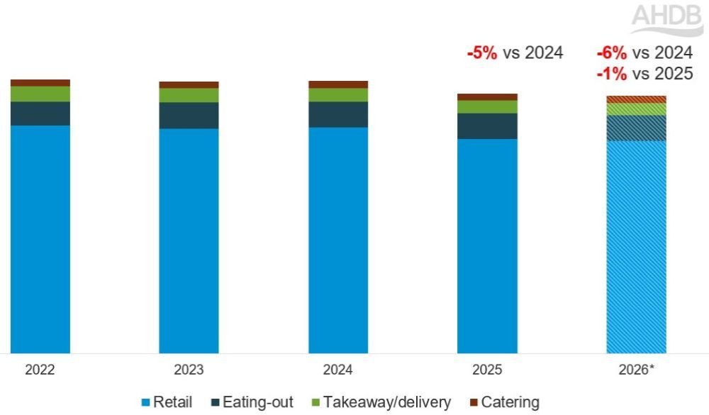 Bar chart showing actual and forecast volumes of beef sold in the UK
